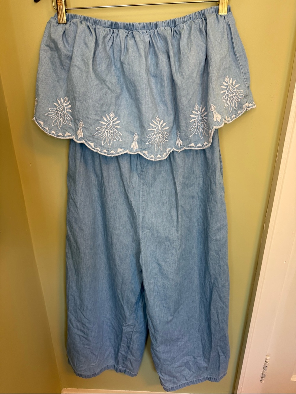 Strapless Light Blue Embroidered Wide-Leg Jumpsuit